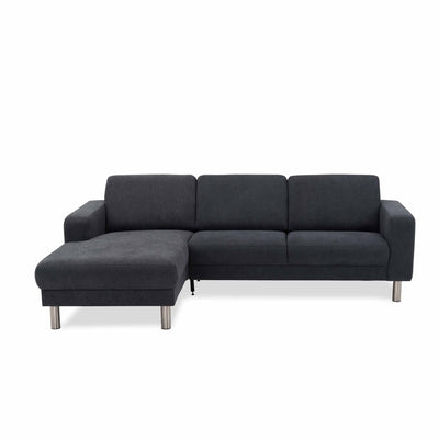 City chaiselong sofa i mørkegrå stof med ben i børstet stål fra Hjort Knudsen