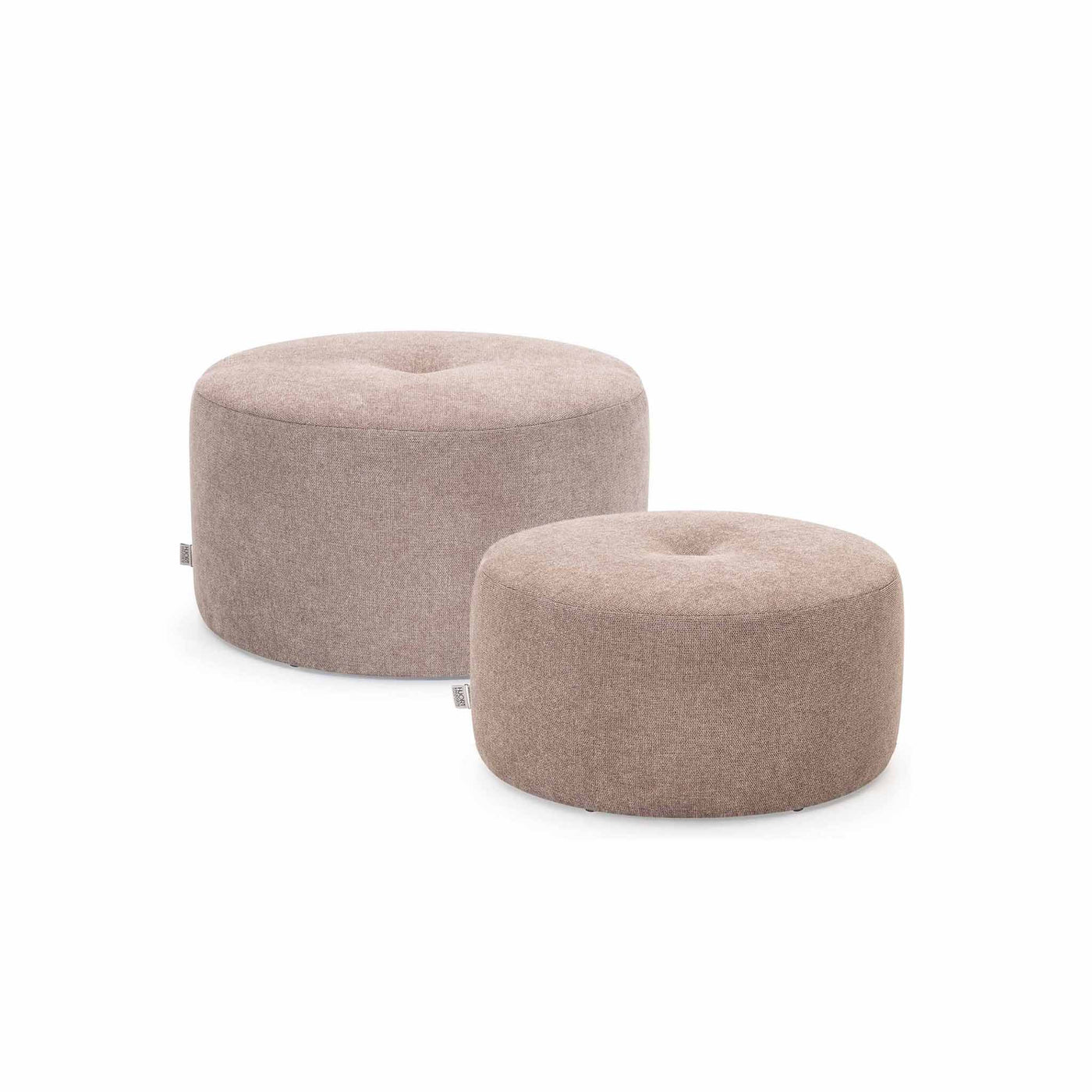 City puf sæt fra Hjort Knudsen i Ø75 og Ø60 cm i Bloq stof i farven Taupe