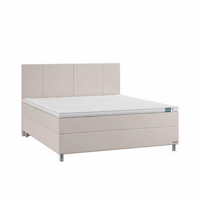 Temprakon kontinentalseng med sandwich look i str 180 x 200 cm med sandfarvet stof med sengegavl