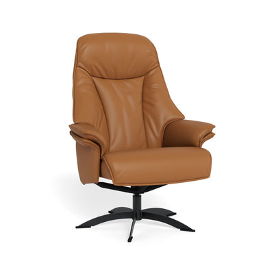 Barsø lænestol i soleda læder i cognac farve med sokkel i sort metal