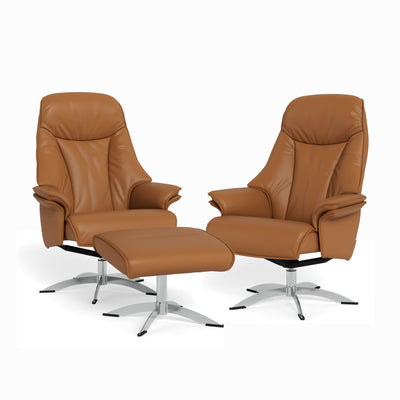 Barsø lænestole med skammel  i soleda læder i cognacfarve med sokkel i krom