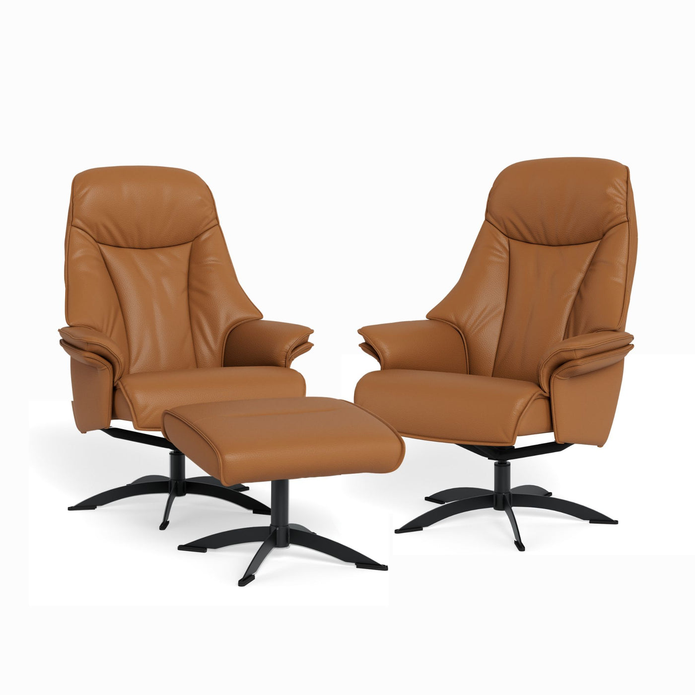 Barsø lænestole med skammel  i soleda læder i cognacfarve med sokkel i sort metal