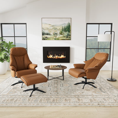 Barsø lænestole med skammel  i soleda læder i cognacfarve med sokkel i krom