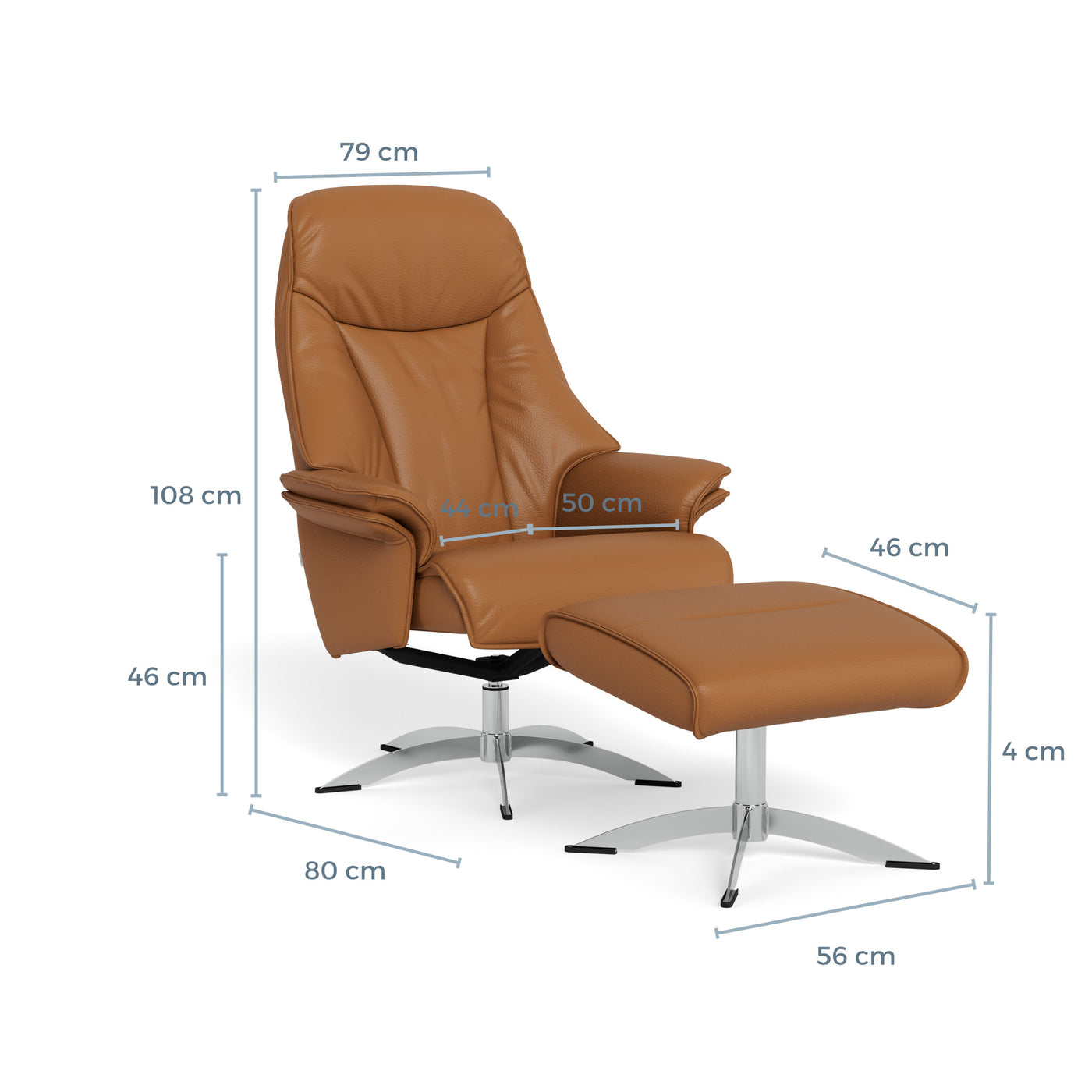Barsø lænestole med skammel  i soleda læder i cognacfarve med sokkel i krom