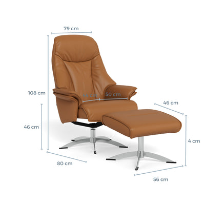 Barsø lænestole med skammel  i soleda læder i cognacfarve med sokkel i krom