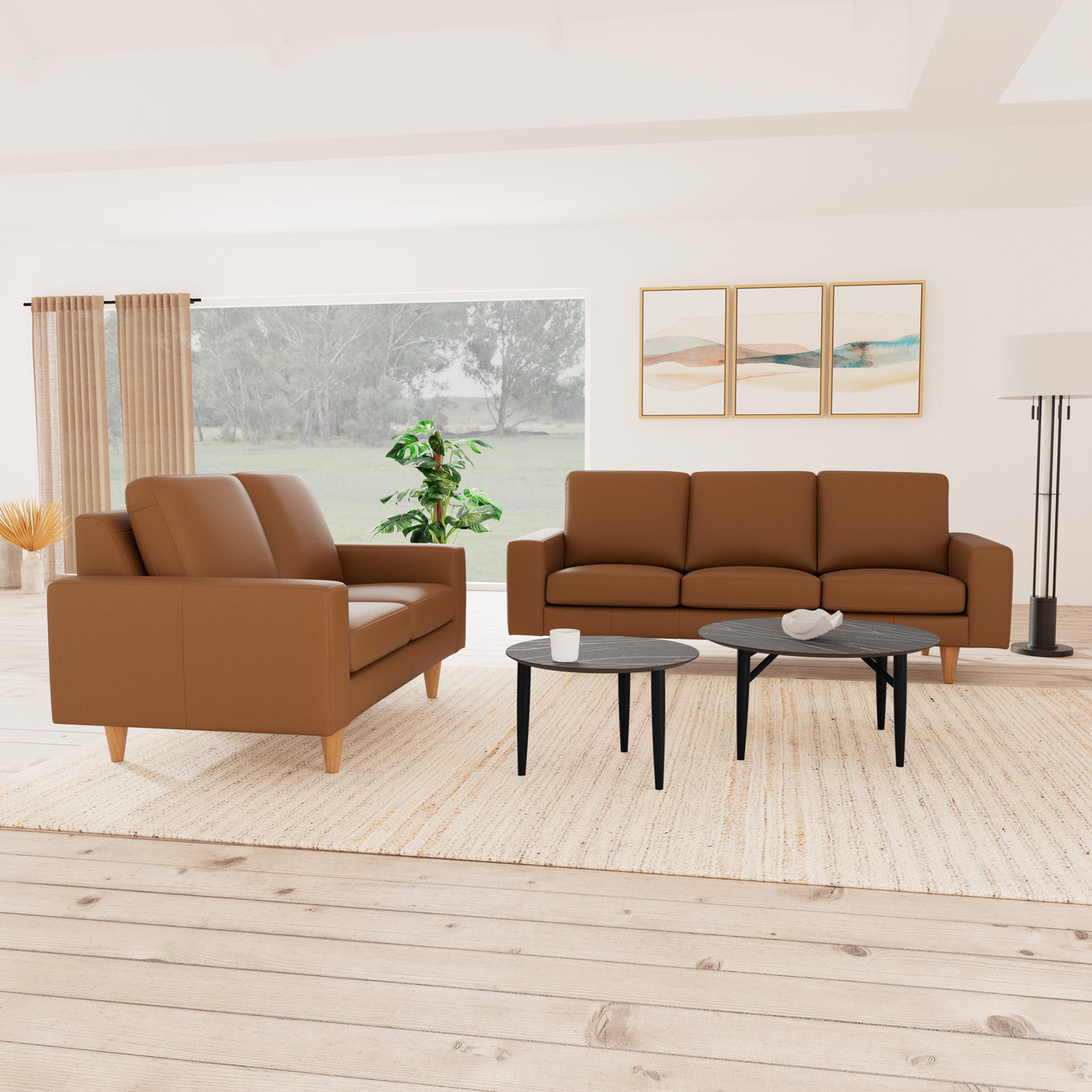 Skyline sofasæt fra Hjort Knudsen i cognac soleda læder og ben i naturolieret eg. 