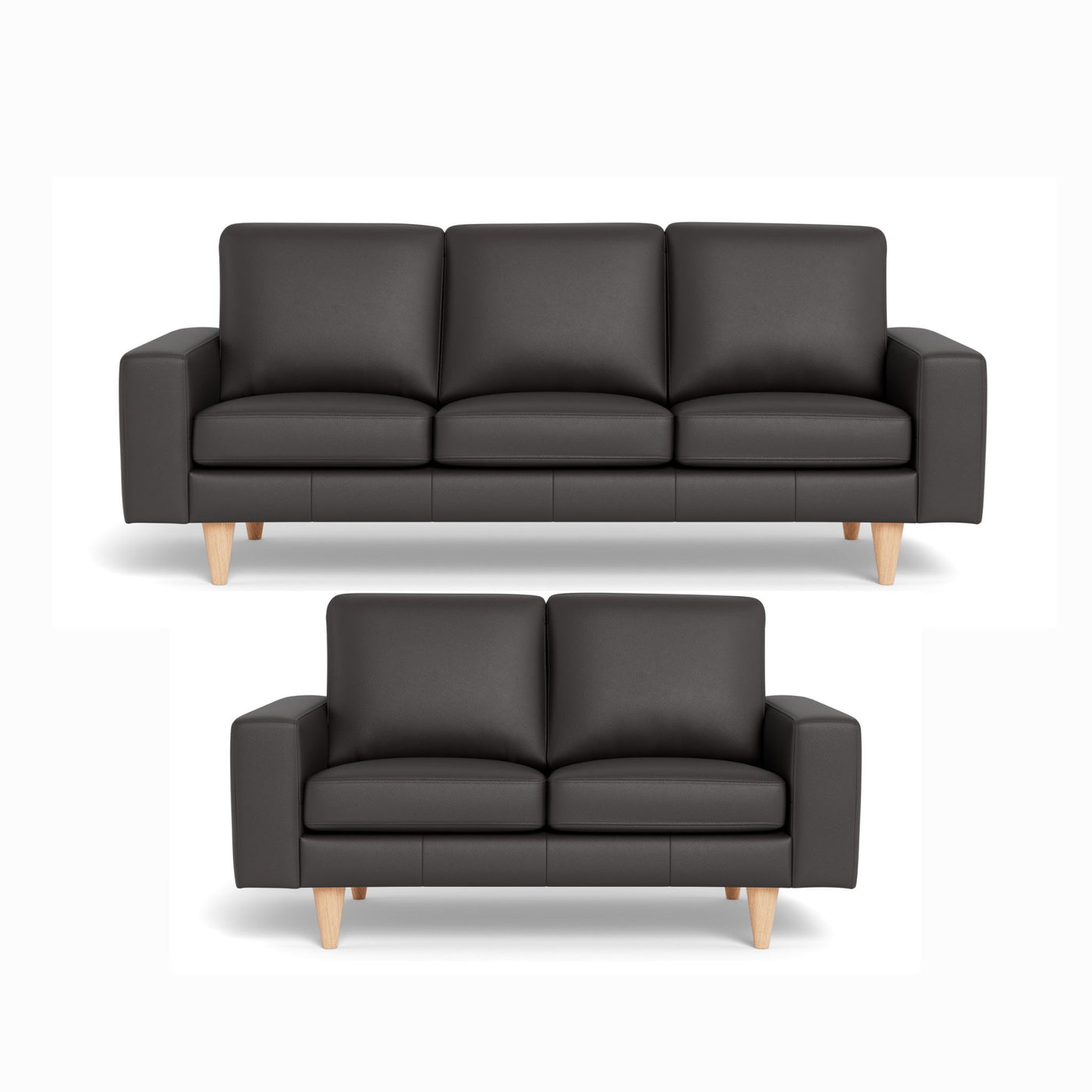 Skyline sofasæt fra Hjort Knudsen i mørkebrunt soleda læder og ben i hvidolieret eg. 