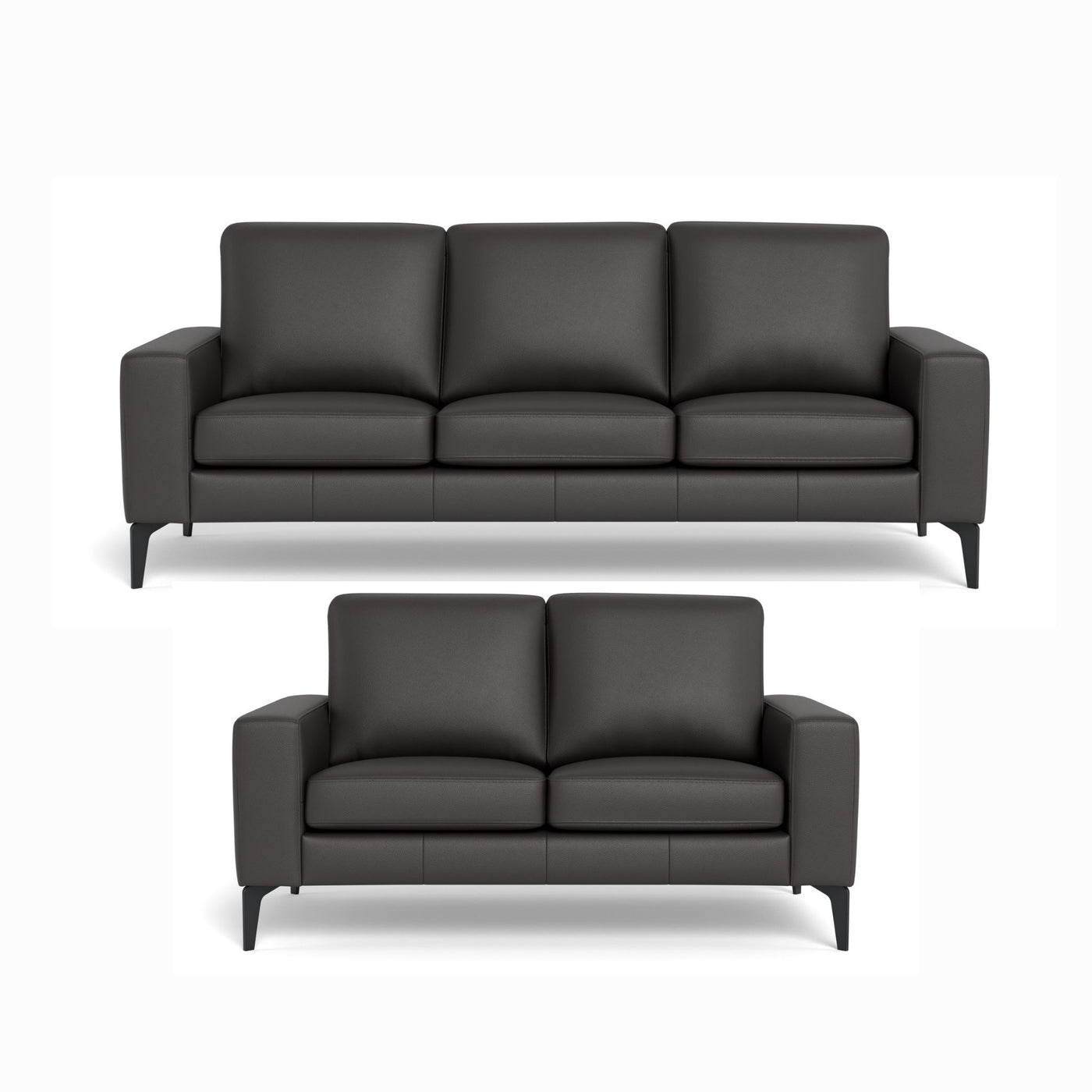 Skyline sofasæt fra Hjort Knudsen i mørkebrunt soleda læder og ben i sort metal. 