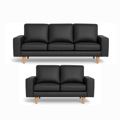 Skyline sofasæt fra Hjort Knudsen i sort soleda læder og ben i naturolieret eg. 