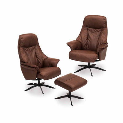 2 stk. Barsø lænestole inklusiv én fodskammel i cognac farvet læder med sorte stålben fra Hjort Knudsen