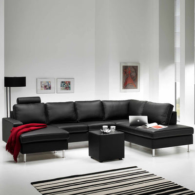 Optimal u-sofa fra Topline i sort læder med ben i børstet krom