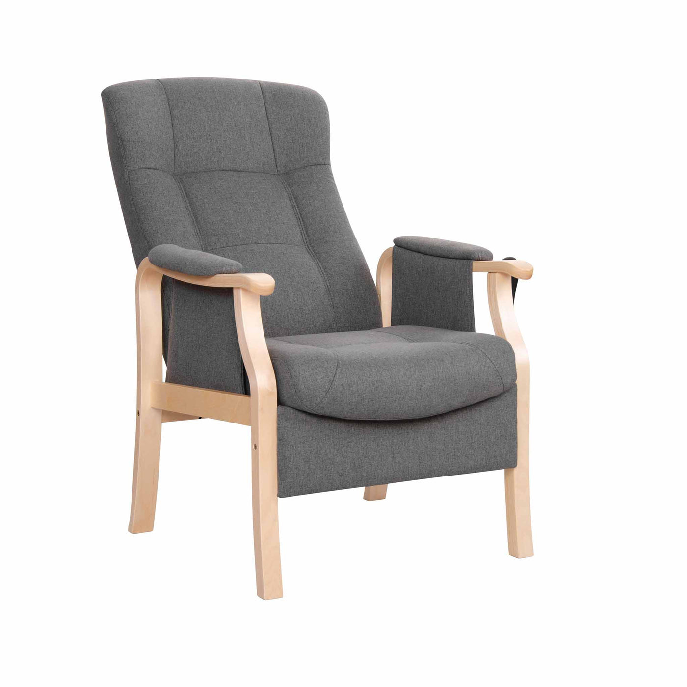 Sorø Otium lænestol med sædeløft i grå stof med naturlakeret ben fra Nordic-C