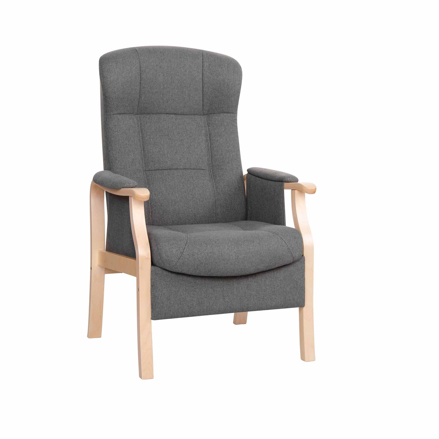 Sorø Otium lænestol med sædeløft i grå stof med naturlakeret ben fra Nordic-C