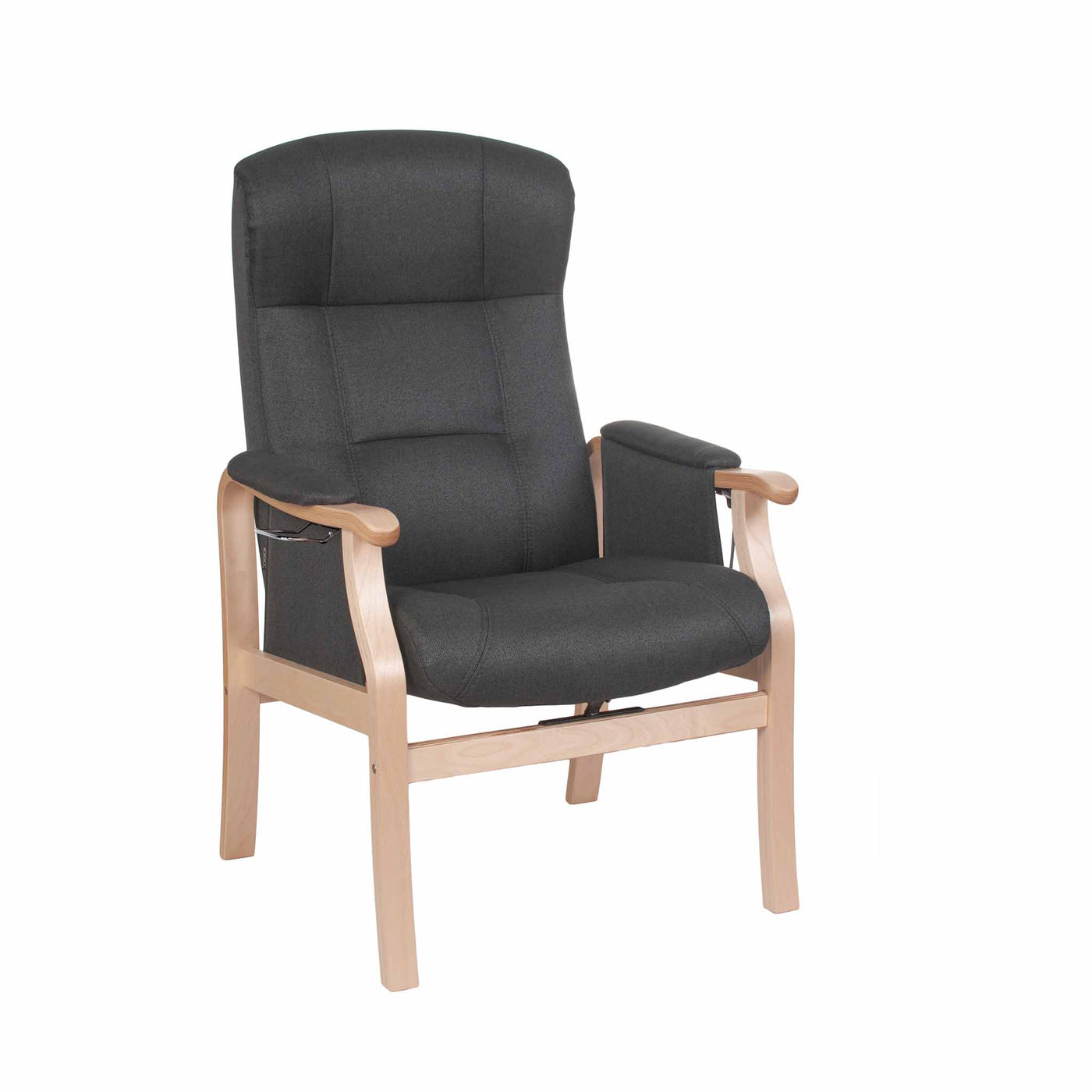 Sorø Plus Otium lænestol med skammel i mørkegrå stof med ben i naturlakeret eg fra Nordic-C