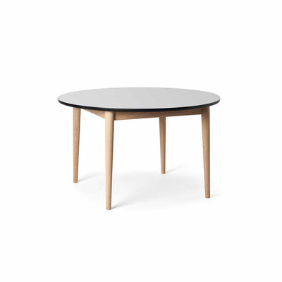Svane Design Idyl spisebord Ø125 cm med bordplade i hvid nano laminat og ben i ubehandlet eg.