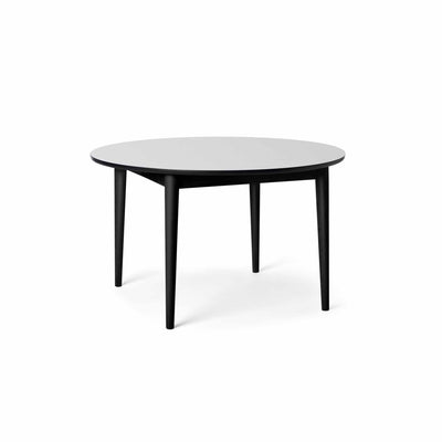 Svane Design Idyl spisebord Ø125 cm med bordplade i hvid nano laminat og ben i sortbejdset bøg.