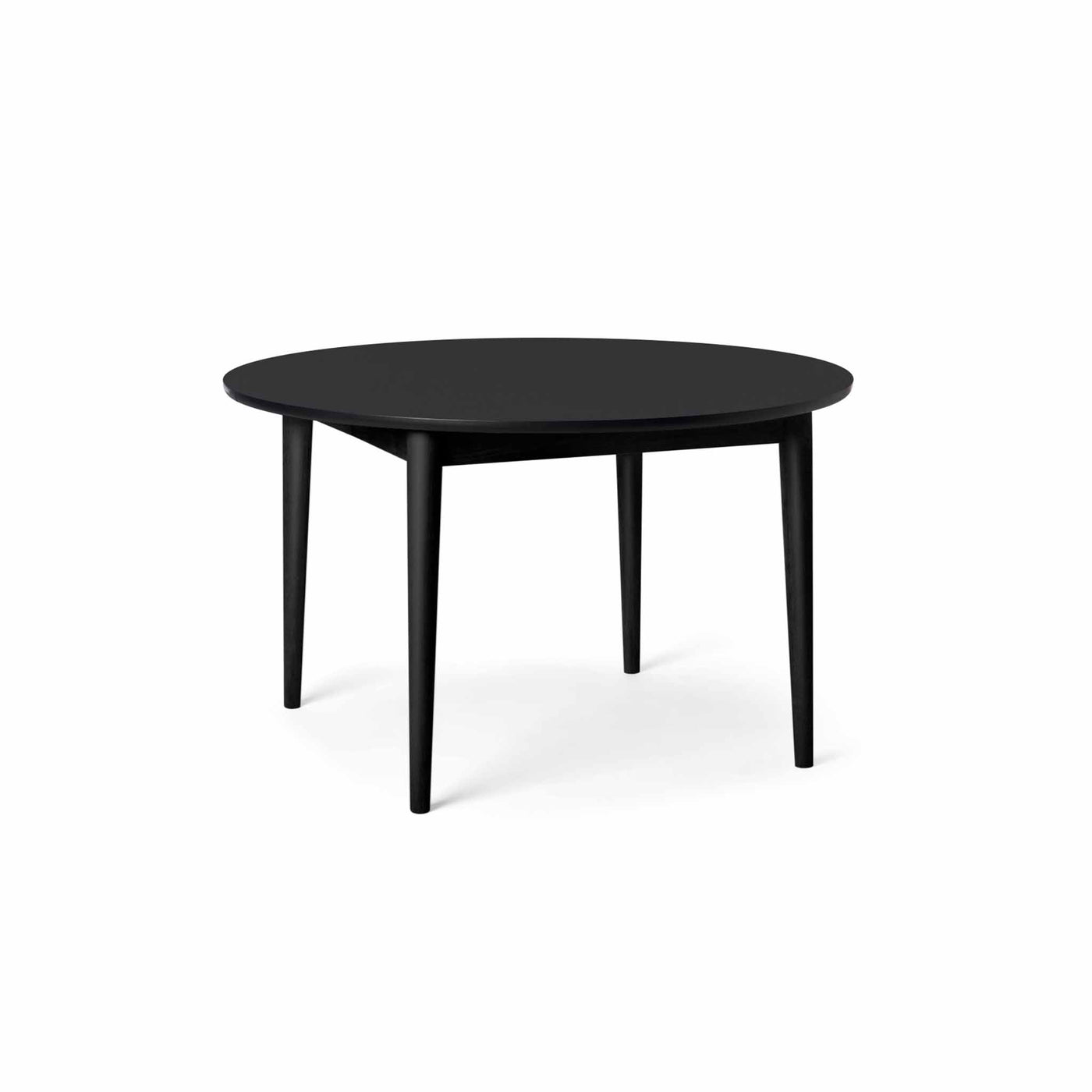 Svane Design Idyl spisebord Ø125 cm med bordplade i sort nano laminat med ben i sortbejdset bøg.