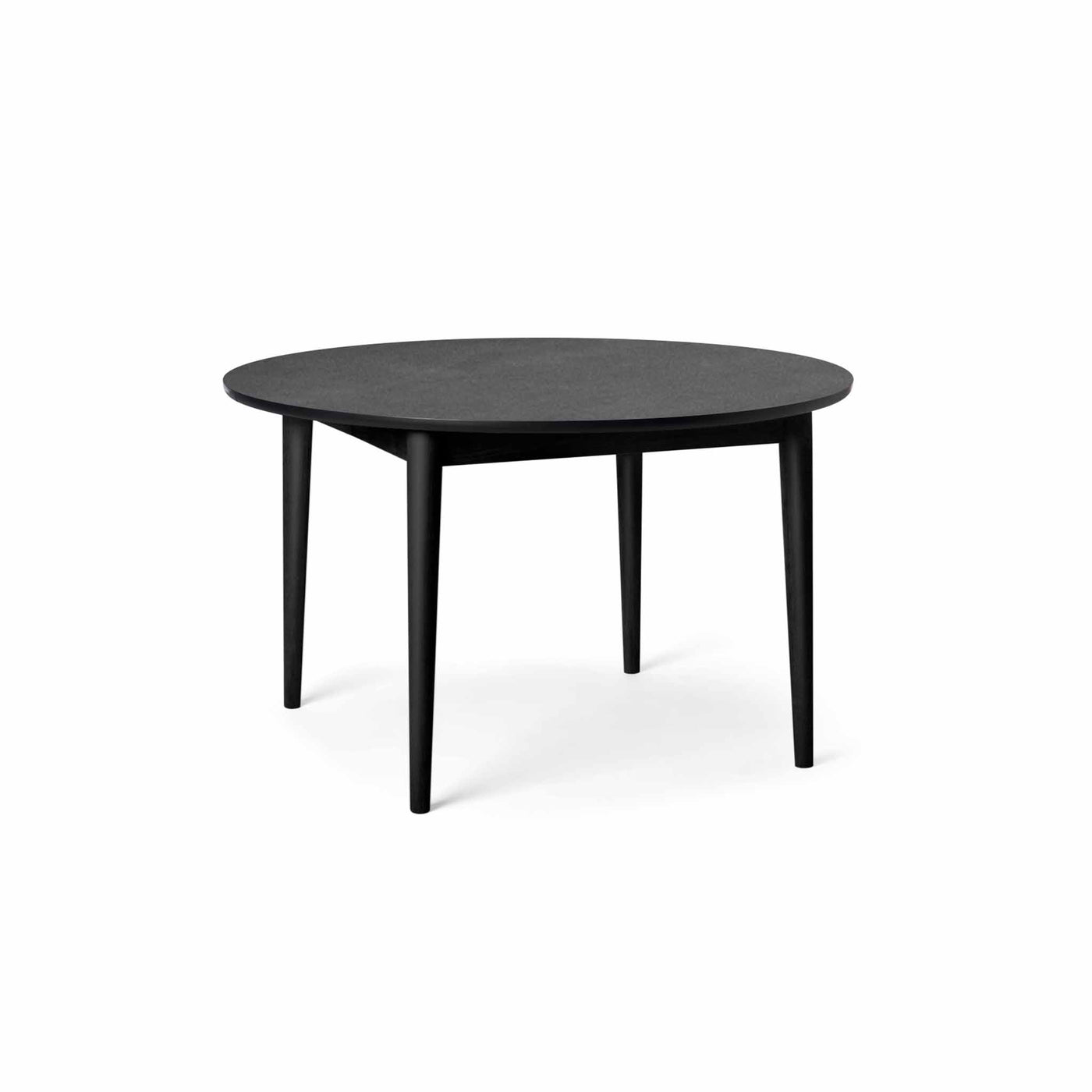 Svane Design Idyl spisebord Ø125 cm med bordplade i stone look laminat og ben i sortbejdset bøg.